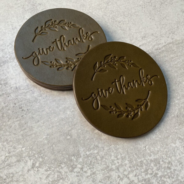 Chosen Leatherwork GIVE THANKS Round Leather Coasters Olive Green