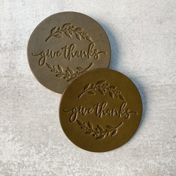 Chosen Leatherwork GIVE THANKS Round Leather Coasters Olive Green