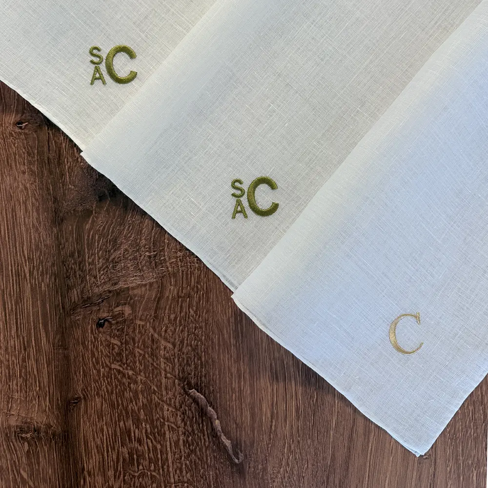 Busatti Mens White Linen Hand Rolled Hem Monogrammed Pocket Squares