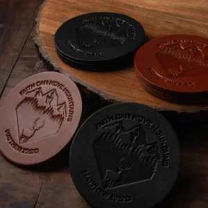 Chosen Leatherwork FAITH CAN MOVE MOUNTAINS Stamped English Bridle Leather 4in Round Coasters (Set of 4)