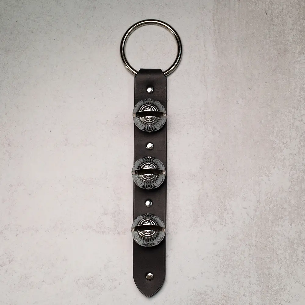 Chosen Leatherwork BLACK Heirloom Silver Brass 3-Sleigh Bell Leather Door Hanger