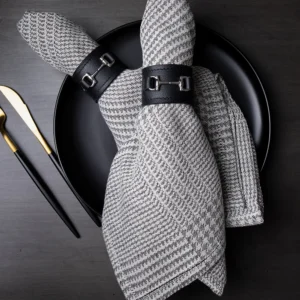 Chosen Leatherwork Classic Black and Silver Equestrian-Style Calf Leather Napkin Rings (Set of 2)