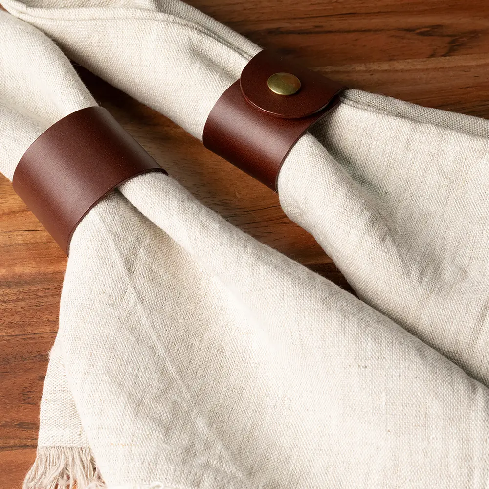 Chosen Leatherwork Classic Medium Brown Italian Leather Napkin Rings (Set of 4), Unlined