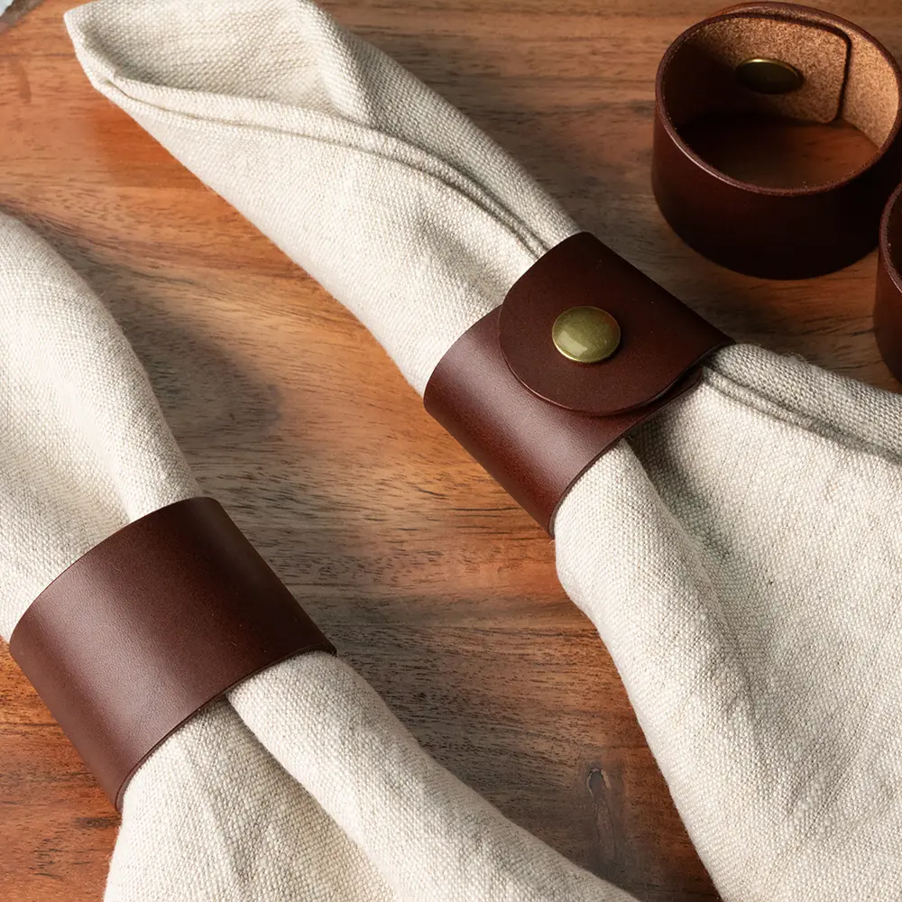 Chosen Leatherwork Classic Medium Brown Italian Leather Napkin Rings (Set of 4), Unlined - Image 4