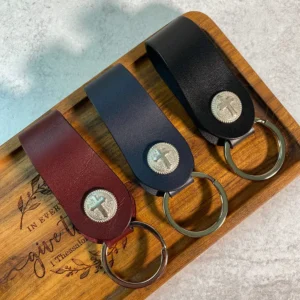 Chosen Leatherwork Leather Nickel Plated Rope Cross Key Ring, Keychain in Black, Navy Blue or Burgundy