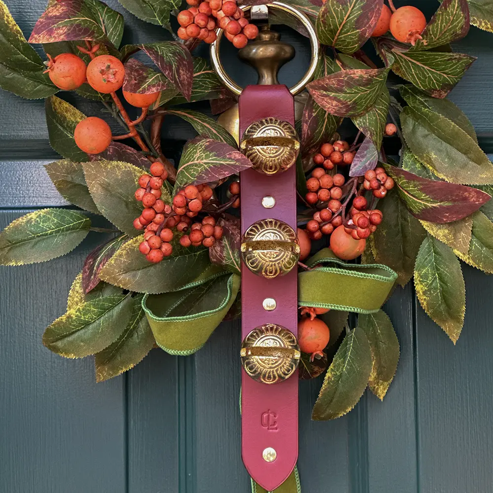 Chosen Leatherwork CHESTNUT or BLACK Heirloom Solid Brass 3-Sleigh Bell Leather Door Hanger