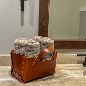 Chosen Leatherwork Premium English Bridle Leather Handled Basket in Chestnut