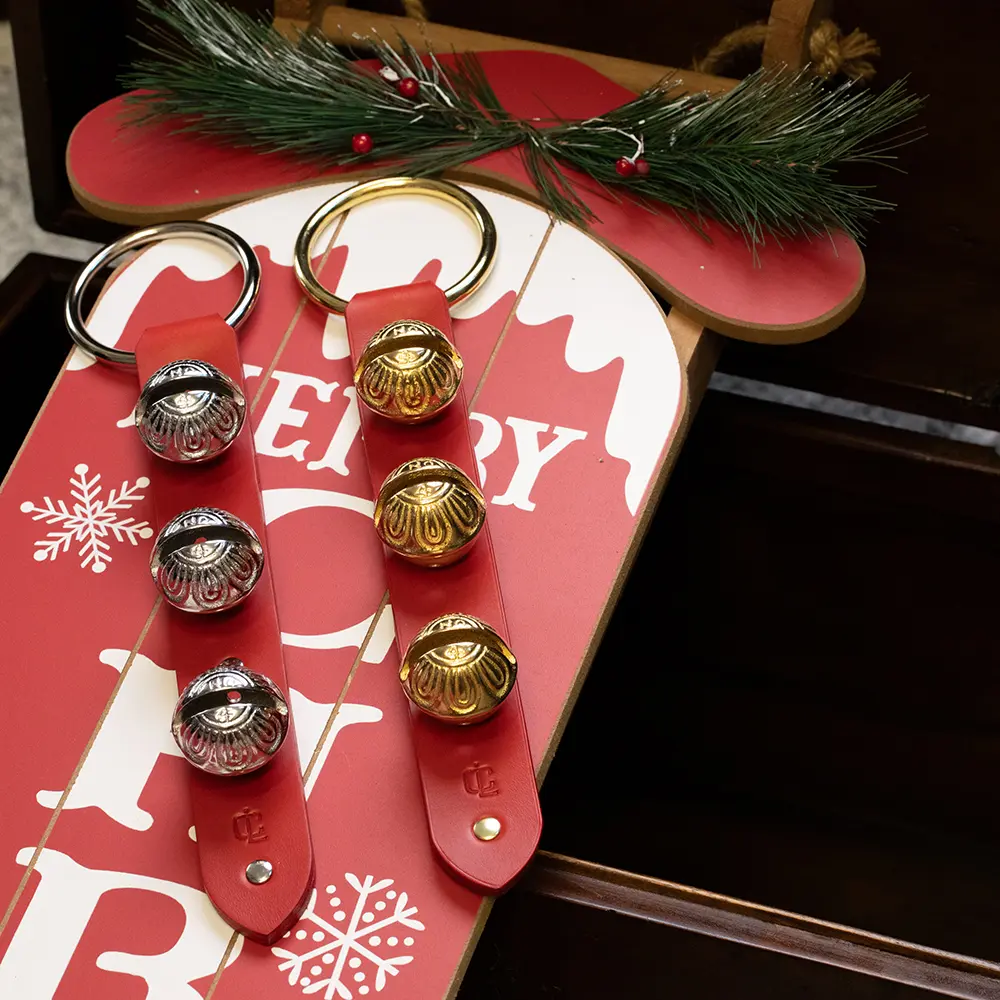 Chosen Leatherwork RED Heirloom Solid Brass or Silver Brass 3-Sleigh Bell Leather Door Hanger