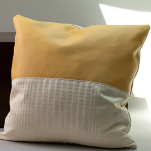 Chosen Leatherwork Sunflower Yellow Italian Leather and Cream Cotton Fabric 20" Square Throw Pillow Cover with Insert