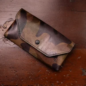 Chosen Leatherwork: USA Handmade Camo Veg Tan Leather Horizontal Smartphone Holster | Metal Belt Clip & Card Holder | Fits UNPLUGGED UP PHONES, iPhone Pro Max / Large Phones
