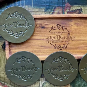 Chosen Leatherwork GIVE THANKS Stamped English Bridle Leather 4in Round Coasters (Set of 4), Olive Green Color